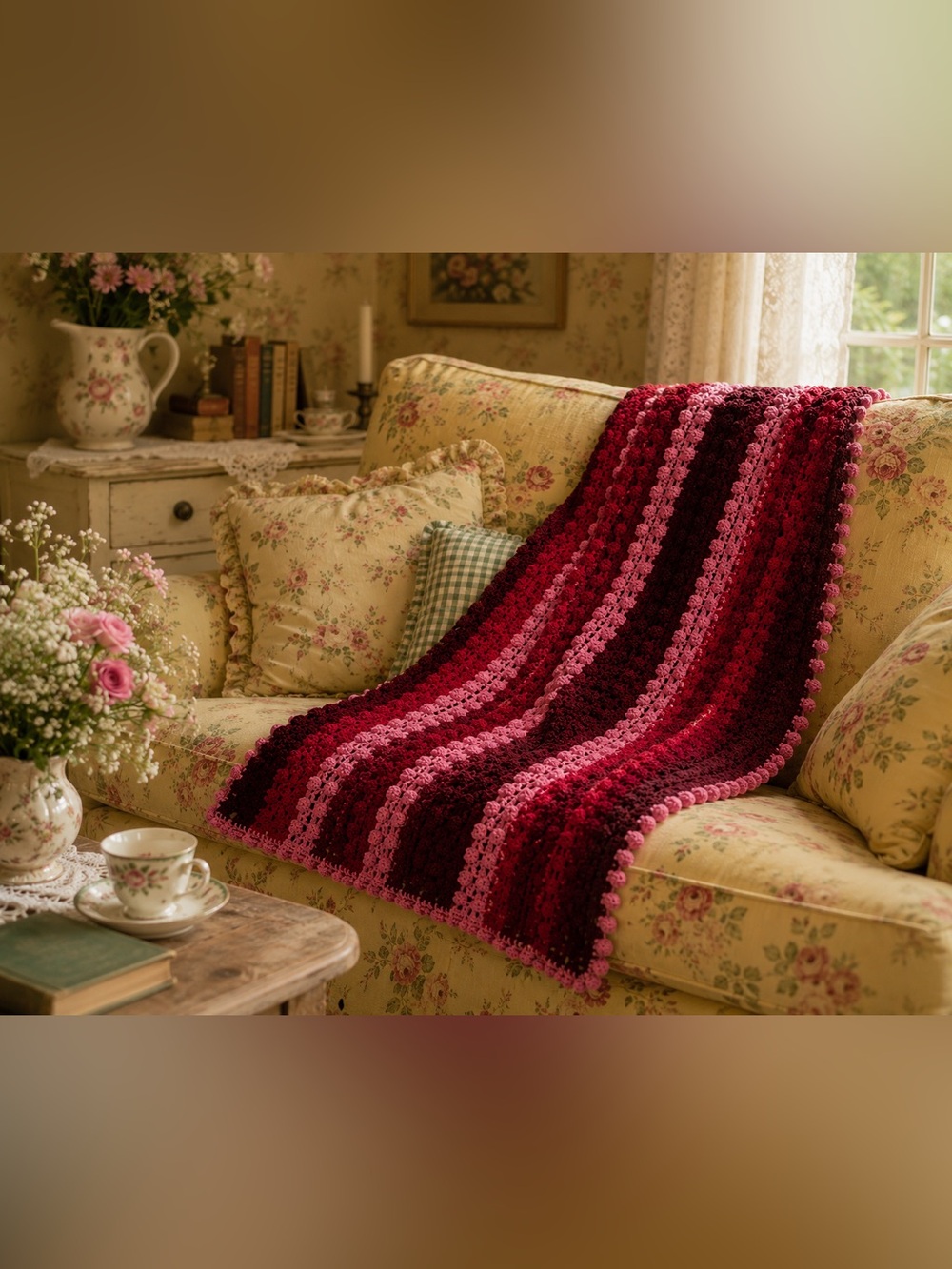 Pink and Dark Red Striped Crochet Blanket